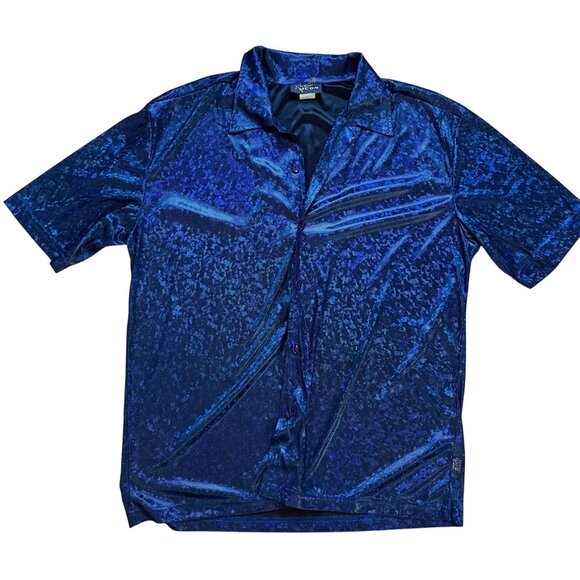 VTG 90s Pacific Icon Shirt Men L Blue Shiny Button Down Y2K Clubcore Festival - Picture 1 of 8